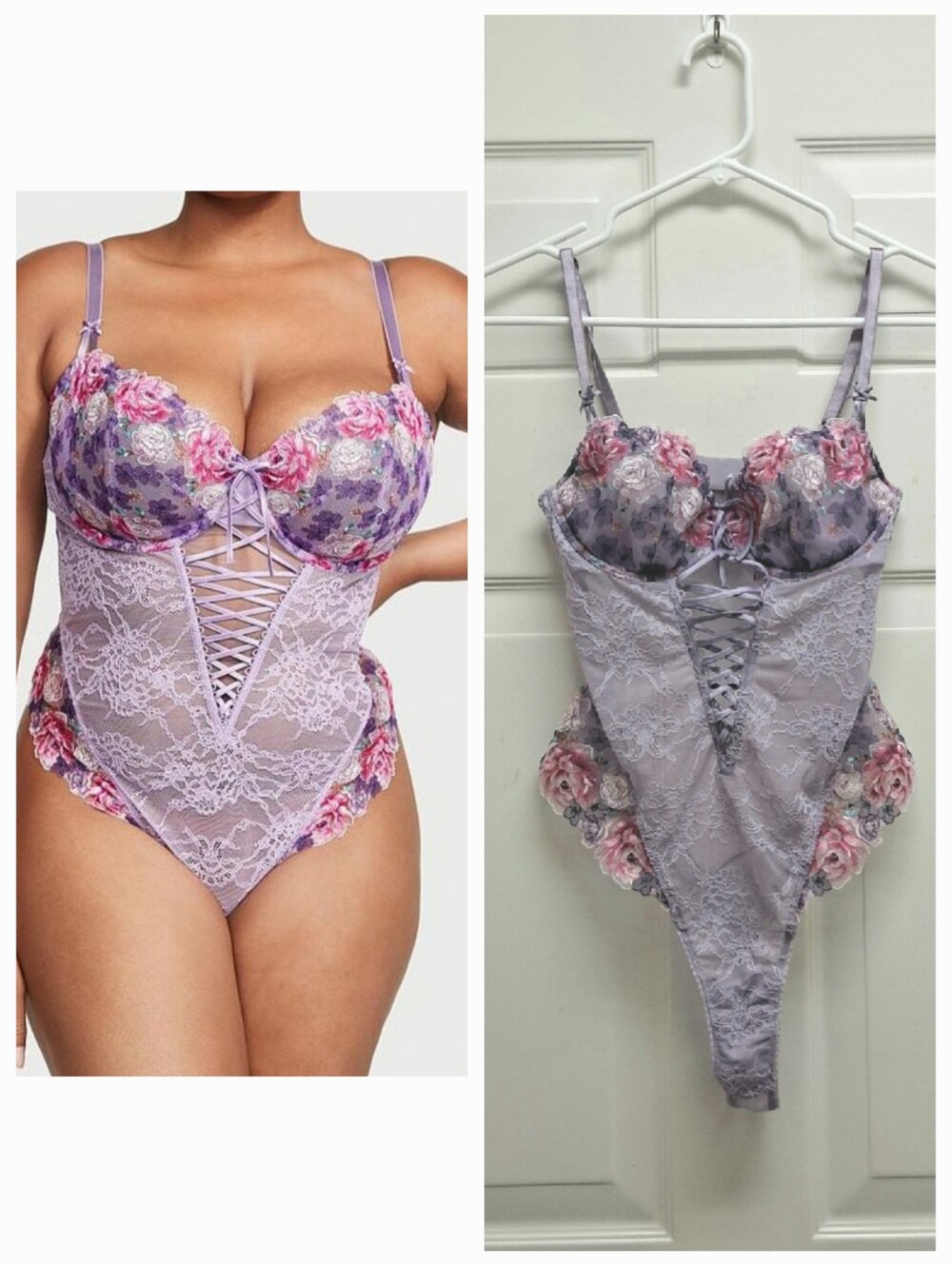 Victoria's Secret Floral Embroidered Lace Corset Bodysuit Lavender Medium Sheer